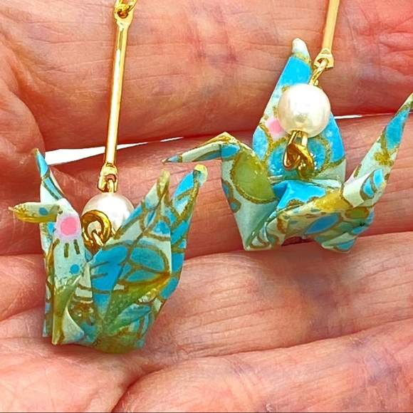 Handcrafted Paper Peace Crane Earrings - Picture 2 of 7